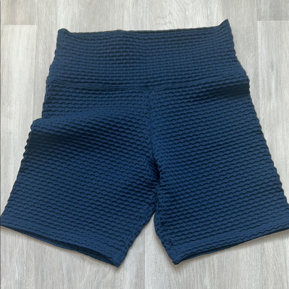 Blue Textured Bike Shorts with Wide Waistband